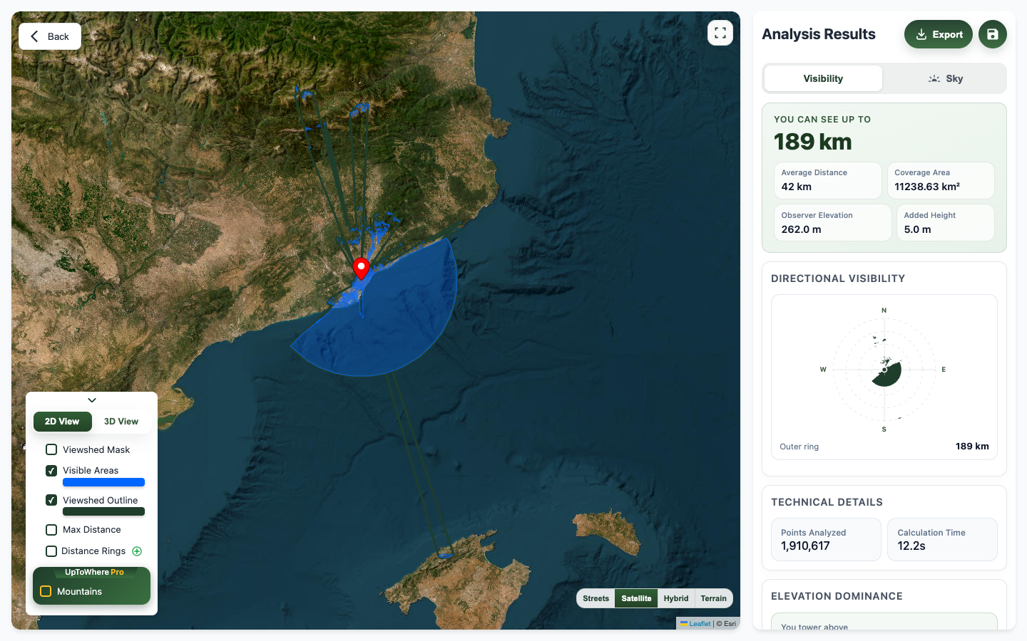 UpToWhere Pro unlimited-radius viewshed from the Bunkers del Carmel, showing long-range corridors across Catalonia