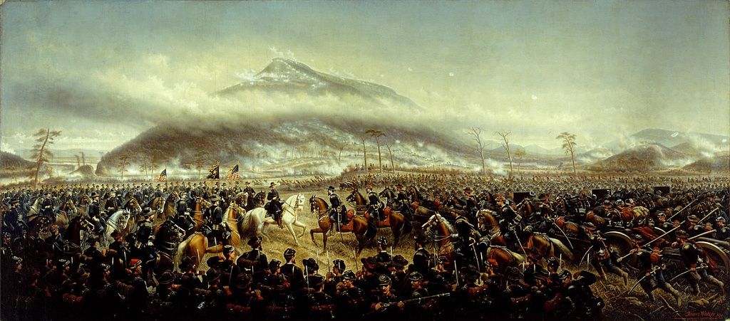 Pintura panorámica de James Walker (1874) de la batalla de Lookout Mountain, con las tropas de la Unión avanzando por la ladera envuelta en niebla
