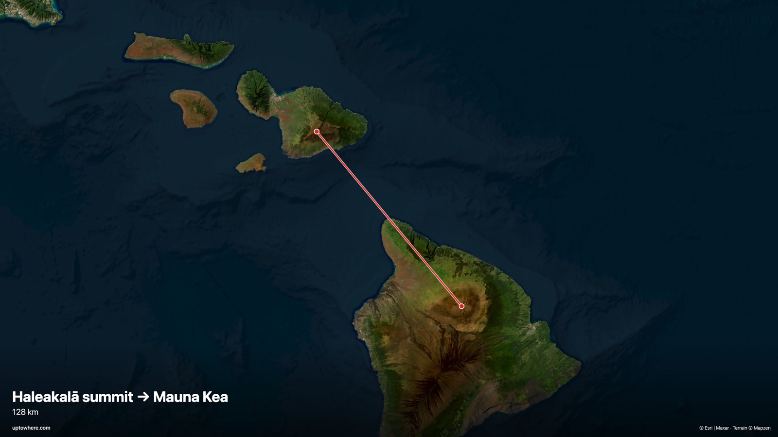 Satellite map with the sightline from Haleakalā summit, Maui to Mauna Kea, Big Island drawn in red