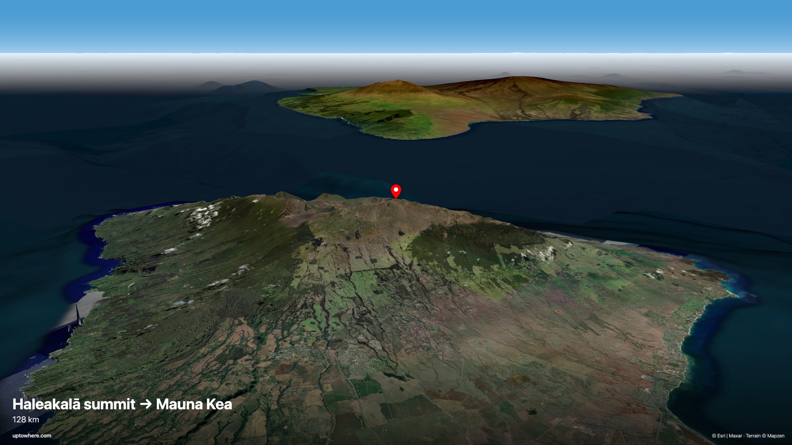 3D terrain view from Haleakalā summit, Maui toward Mauna Kea, Big Island