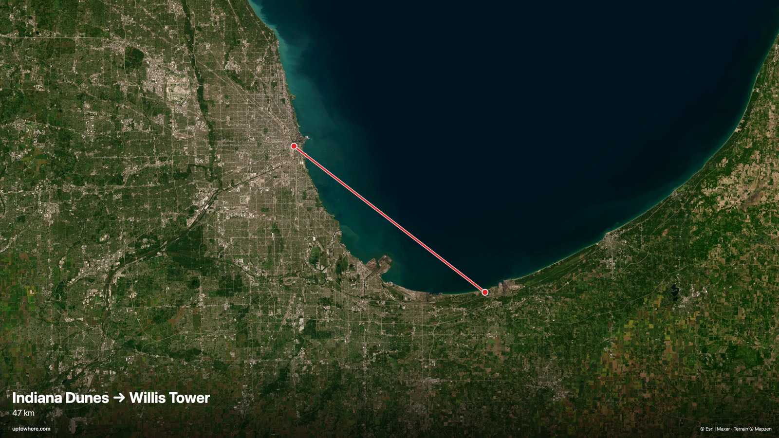 Satellite map with the sightline from Indiana Dunes (West Beach) to the Willis Tower, Chicago drawn in red