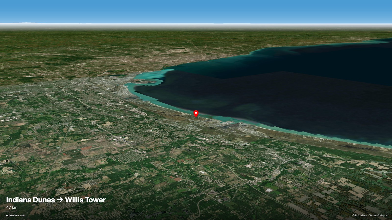 3D terrain view from Indiana Dunes (West Beach) toward the Willis Tower, Chicago