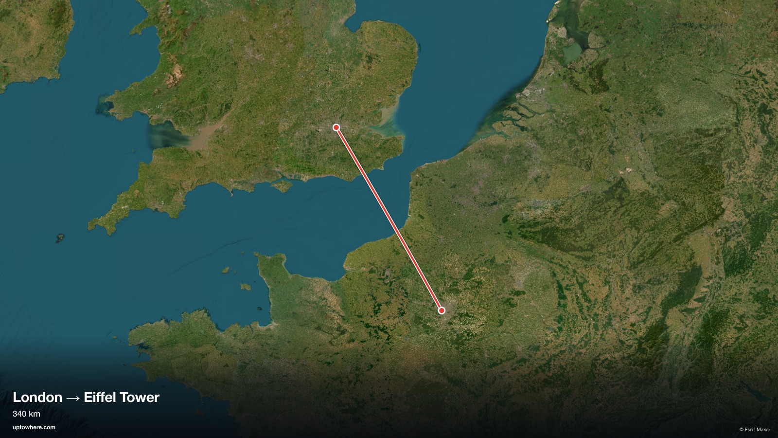 Mapa satelital con la línea de visión de Londres (mirador del Shard) a la Torre Eiffel dibujada en rojo
