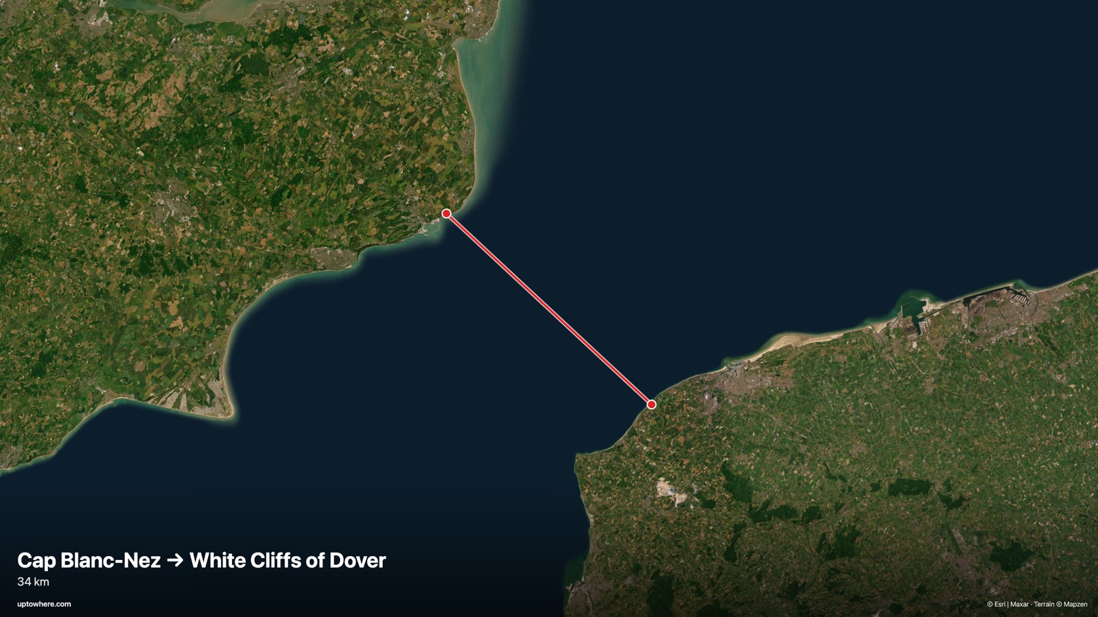 Mapa satelital con la línea de visión de el cabo Blanc-Nez, Francia a los acantilados blancos de Dover dibujada en rojo