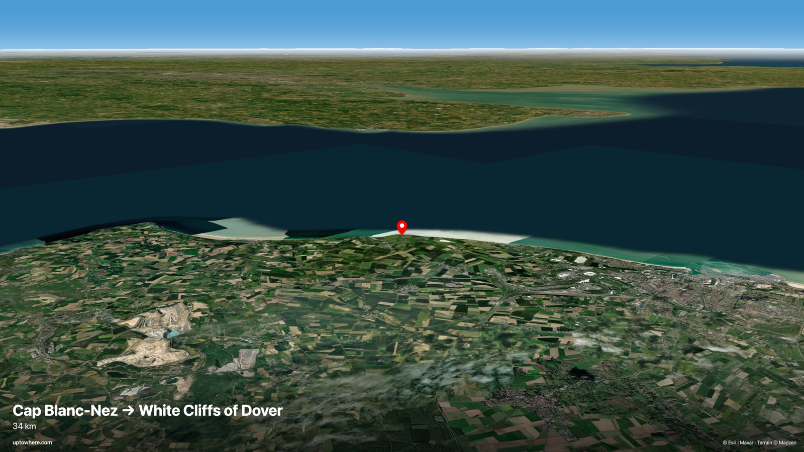 Vista 3D del terreno desde el cabo Blanc-Nez, Francia hacia los acantilados blancos de Dover