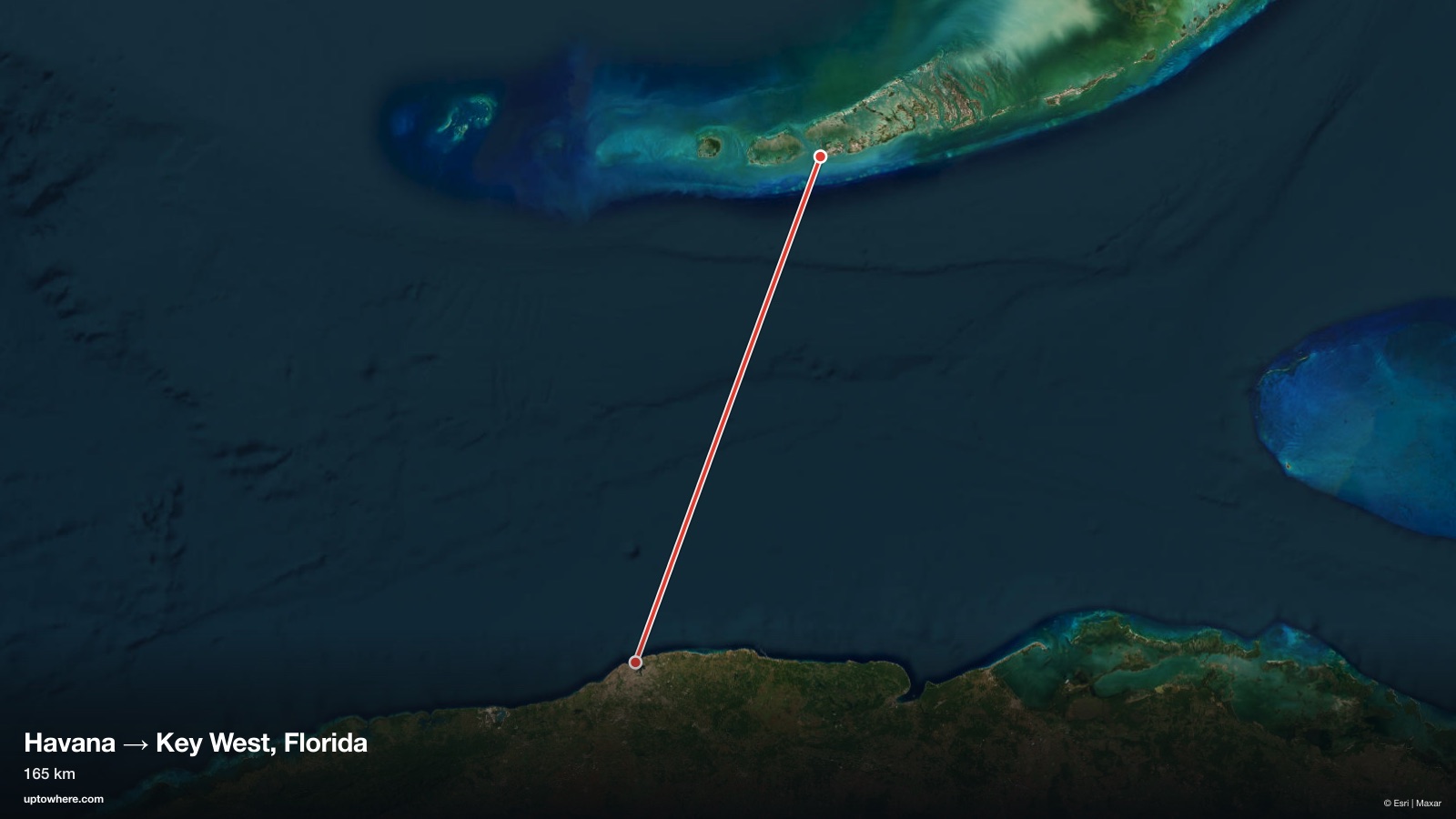 Satellite map with the sightline from Havana (El Morro lighthouse) to Key West, Florida drawn in red