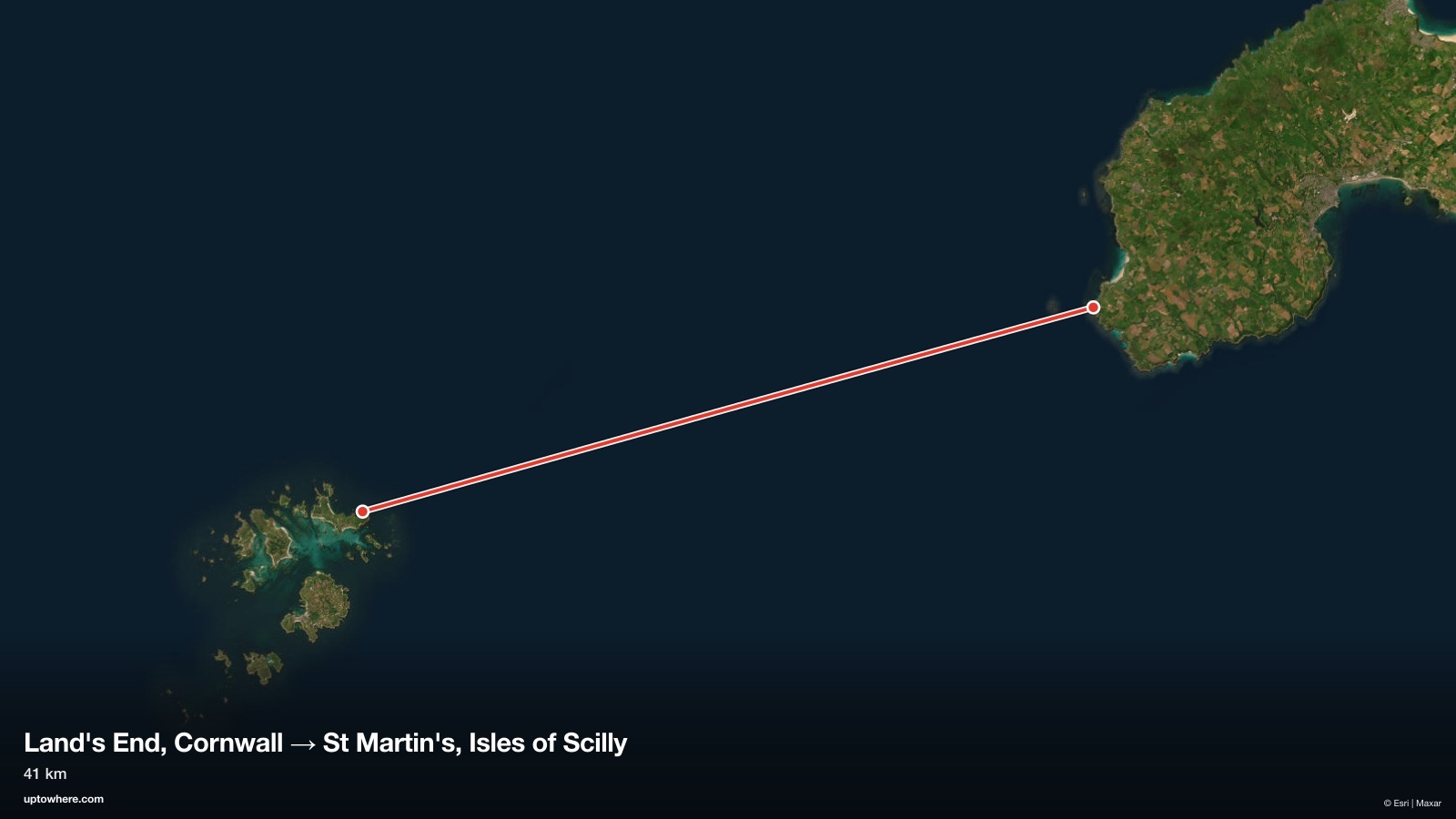 Satellite map with the sightline from Land's End, Cornwall to St Martin's, Isles of Scilly drawn in red