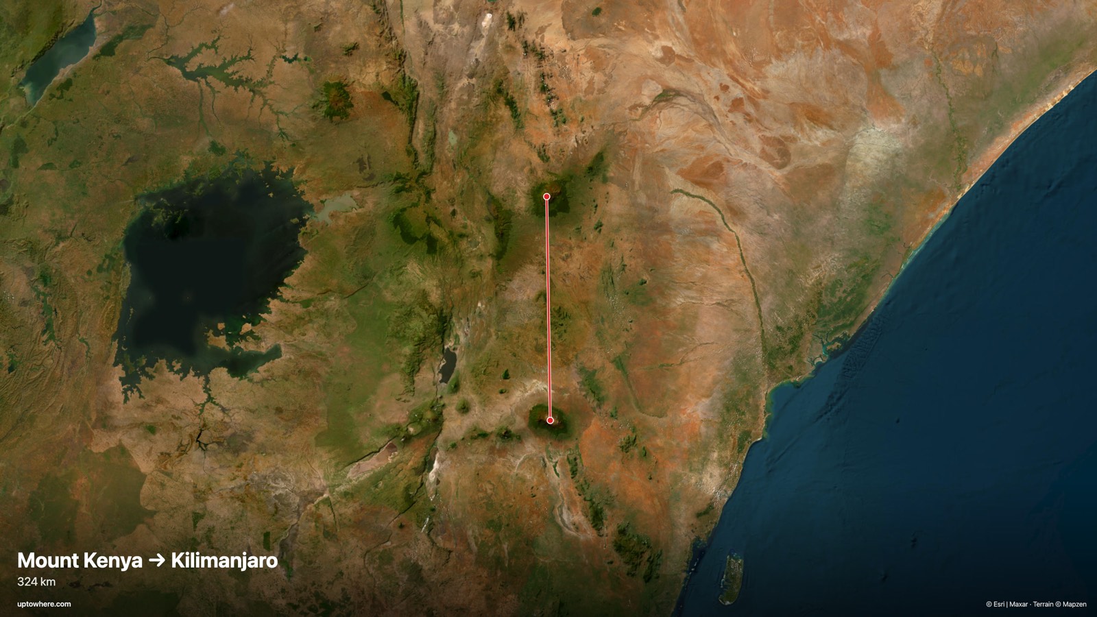 Satellite map with the sightline from Mount Kenya (Batian) to Kilimanjaro drawn in red