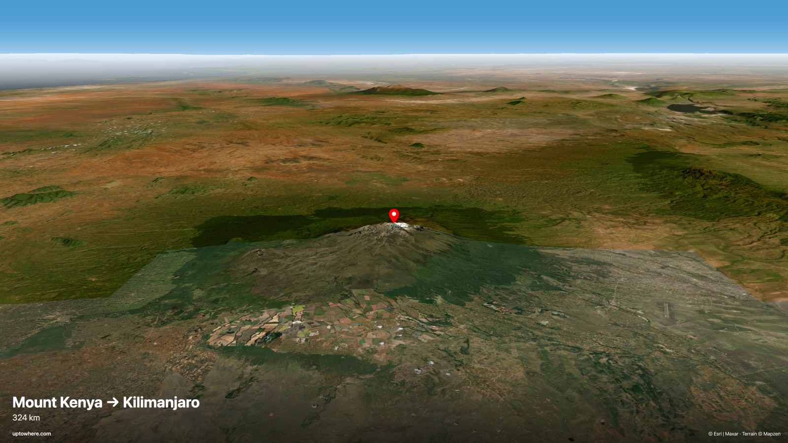 3D terrain view from Mount Kenya (Batian) toward Kilimanjaro