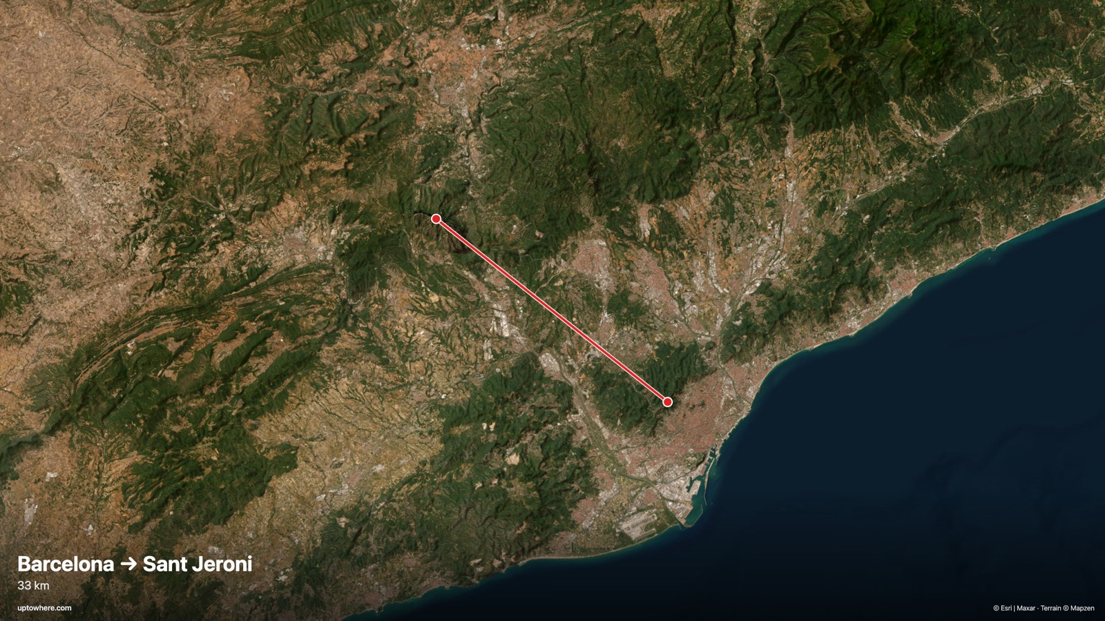 Satellite map with the sightline from Barcelona (Tibidabo) to Sant Jeroni, Montserrat drawn in red