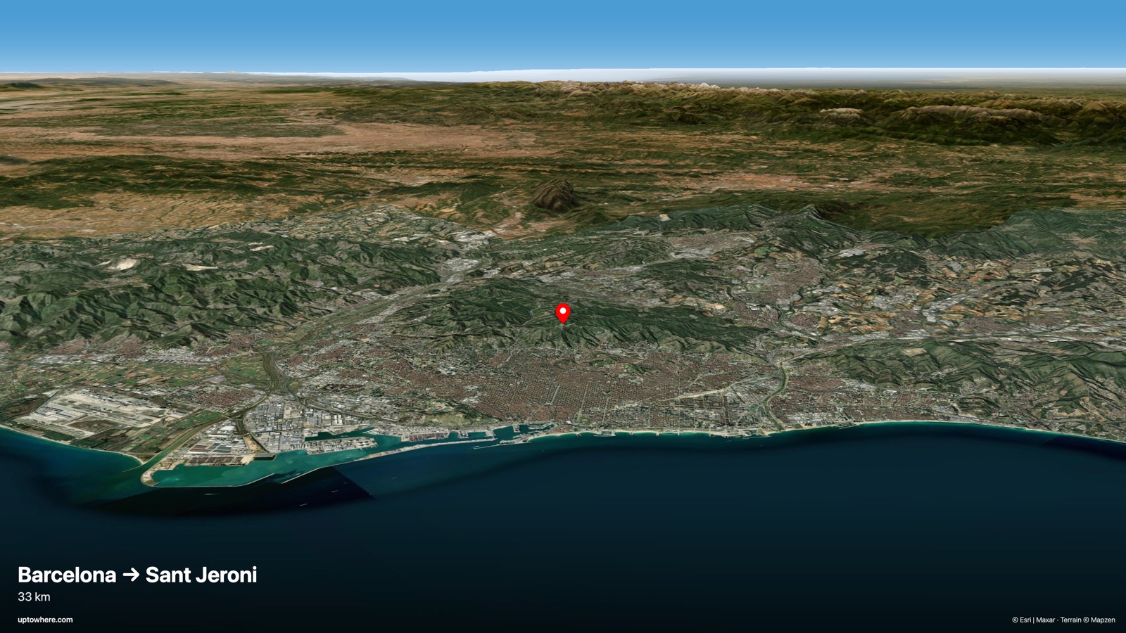 3D terrain view from Barcelona (Tibidabo) toward Sant Jeroni, Montserrat