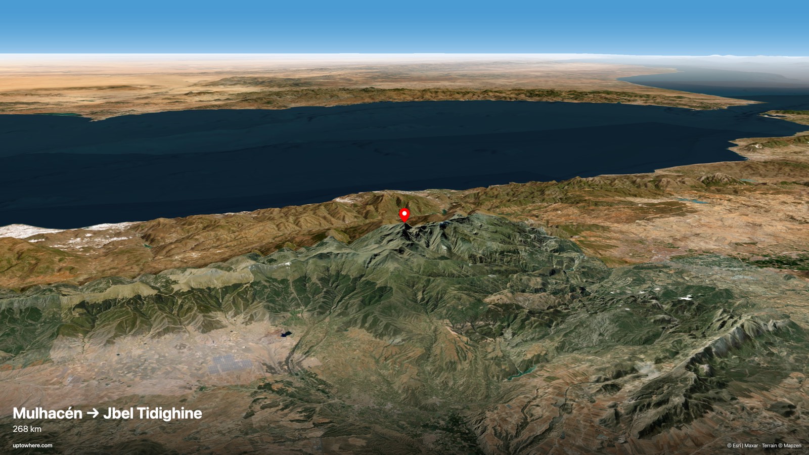 Vista 3D del terreno desde el Mulhacén, Sierra Nevada hacia el Yebel Tidighine, montañas del Rif