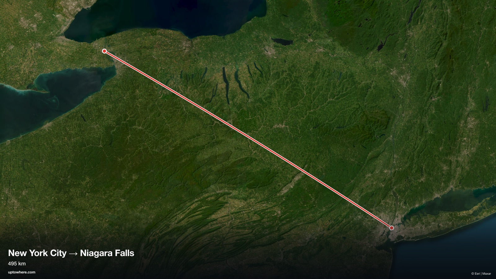 Mapa satelital con la línea de visión de Nueva York (Empire State Building) a las cataratas del Niágara dibujada en rojo