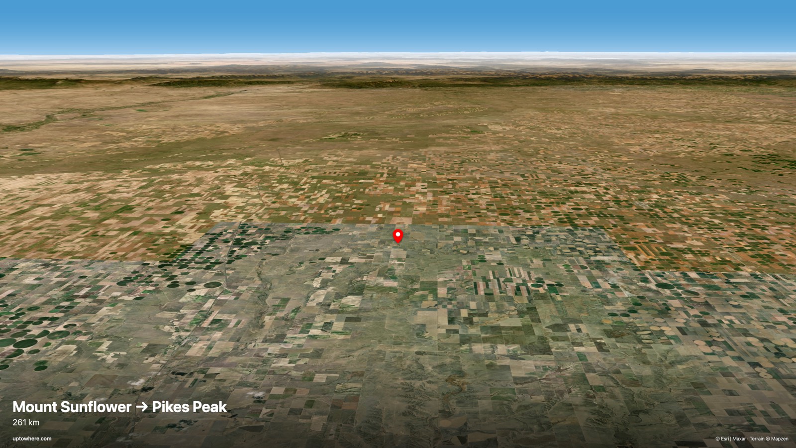 Vista 3D del terreno desde Mount Sunflower, Kansas hacia Pikes Peak, Colorado
