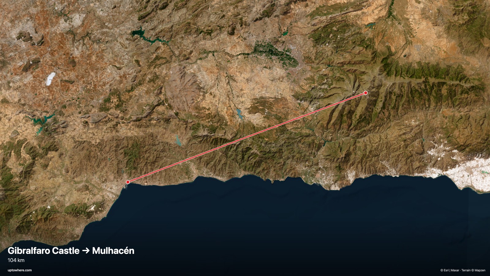 Mapa satelital con la línea de visión de el castillo de Gibralfaro, Málaga a el Mulhacén, Sierra Nevada dibujada en rojo