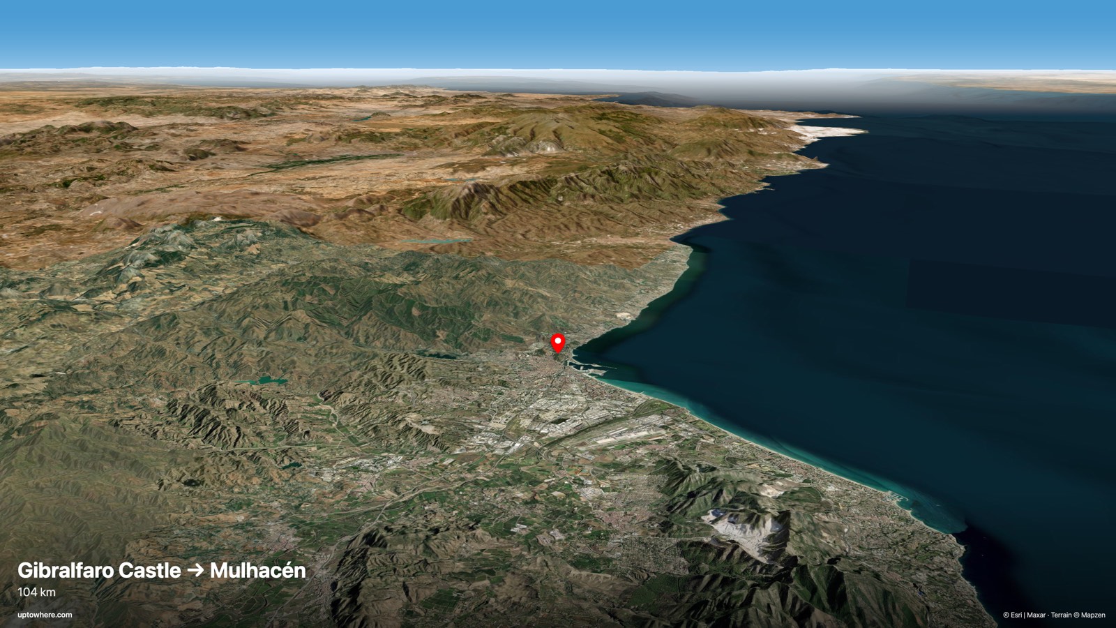 Vista 3D del terreno desde el castillo de Gibralfaro, Málaga hacia el Mulhacén, Sierra Nevada