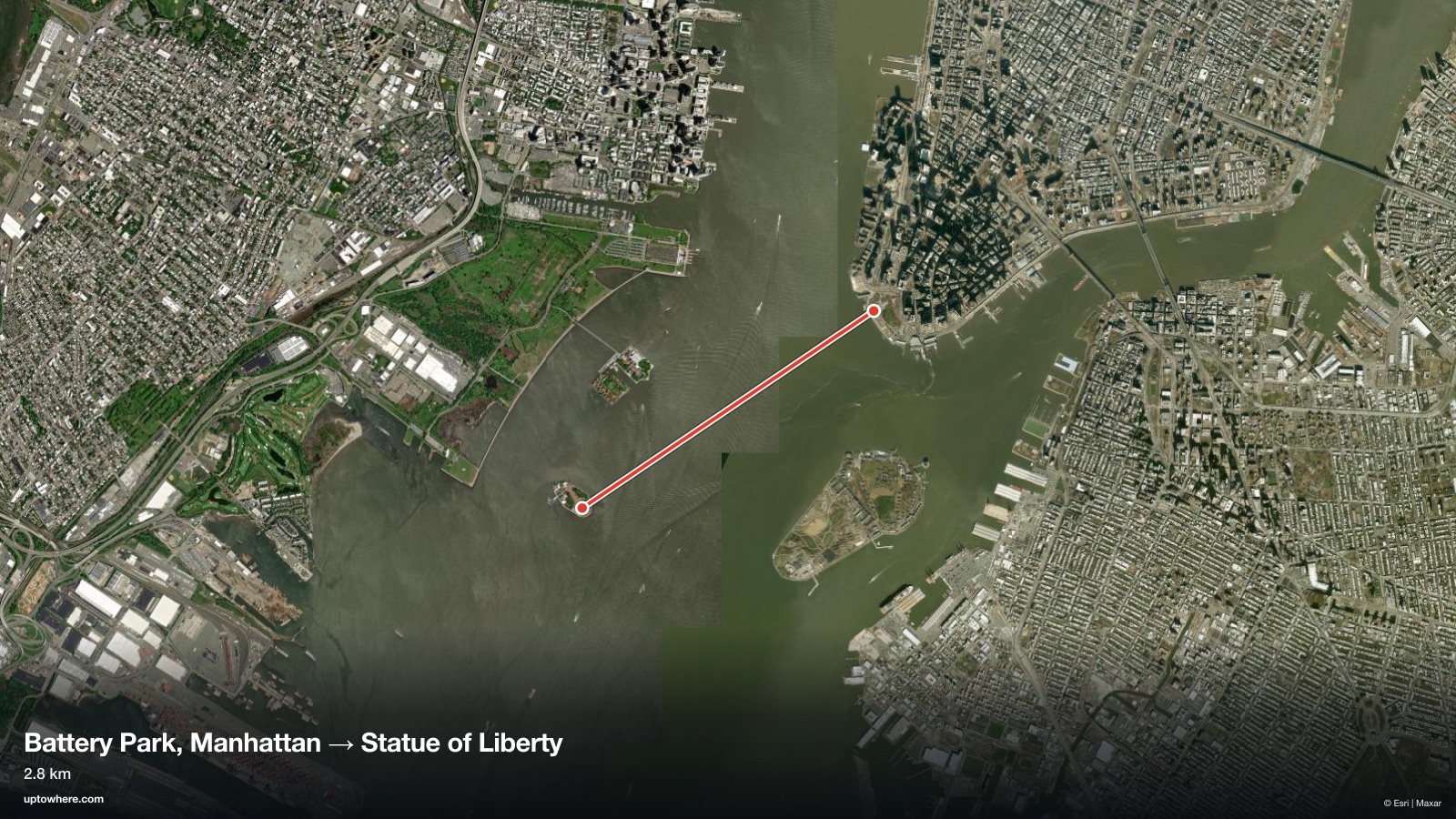 Satellite map with the sightline from Battery Park, Manhattan to the Statue of Liberty drawn in red
