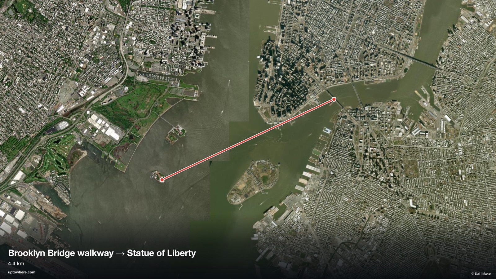 Satellite map with the sightline from the Brooklyn Bridge walkway to the Statue of Liberty drawn in red