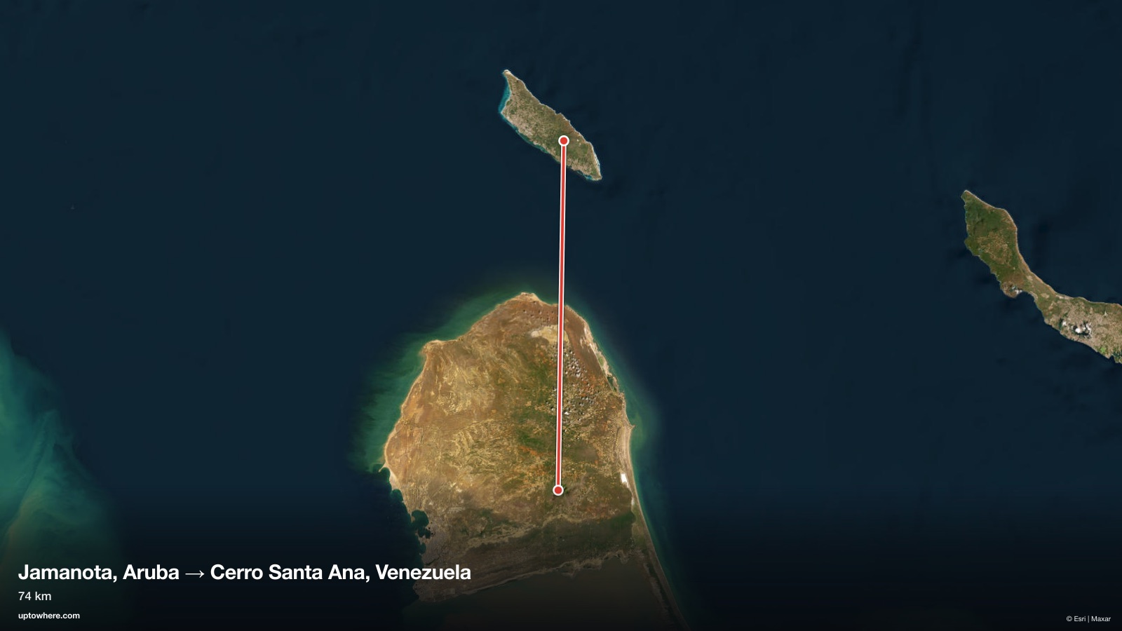 Mapa satelital con la línea de visión de el Jamanota, Aruba a el Cerro Santa Ana, Venezuela dibujada en rojo